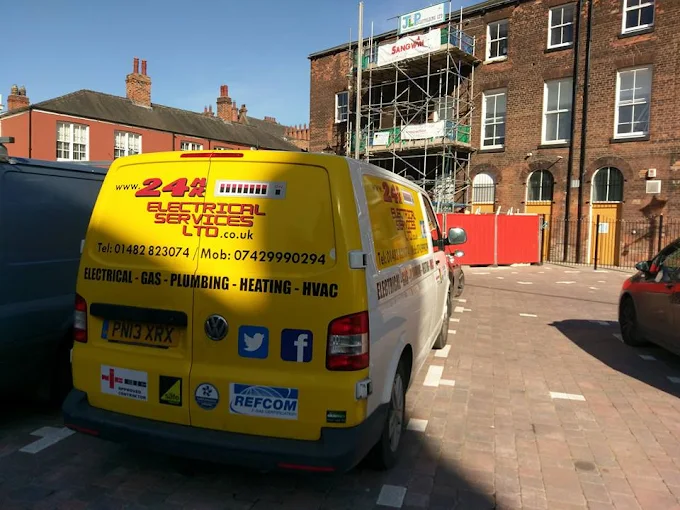 24hr Electrical Services branded van on site in Hull city centre